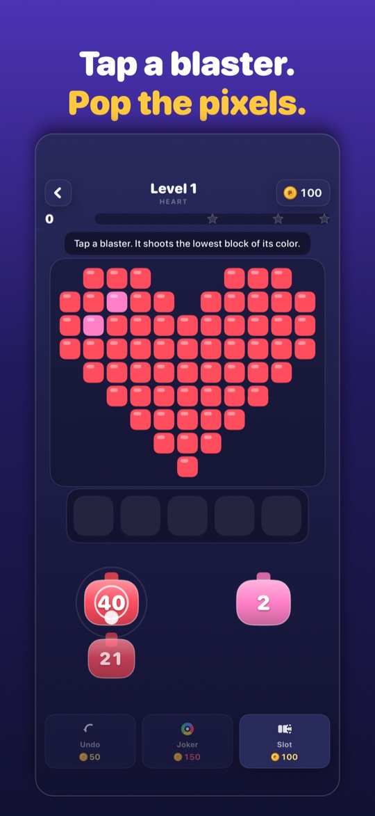Tap a blaster to pop the pixels of a heart picture