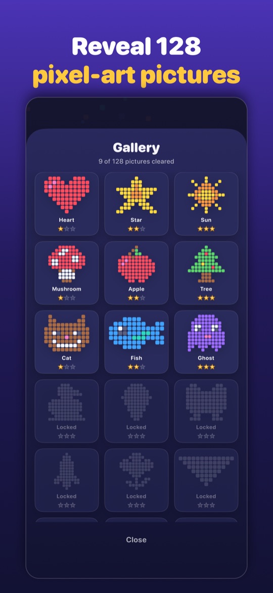 Gallery of revealed pixel-art pictures